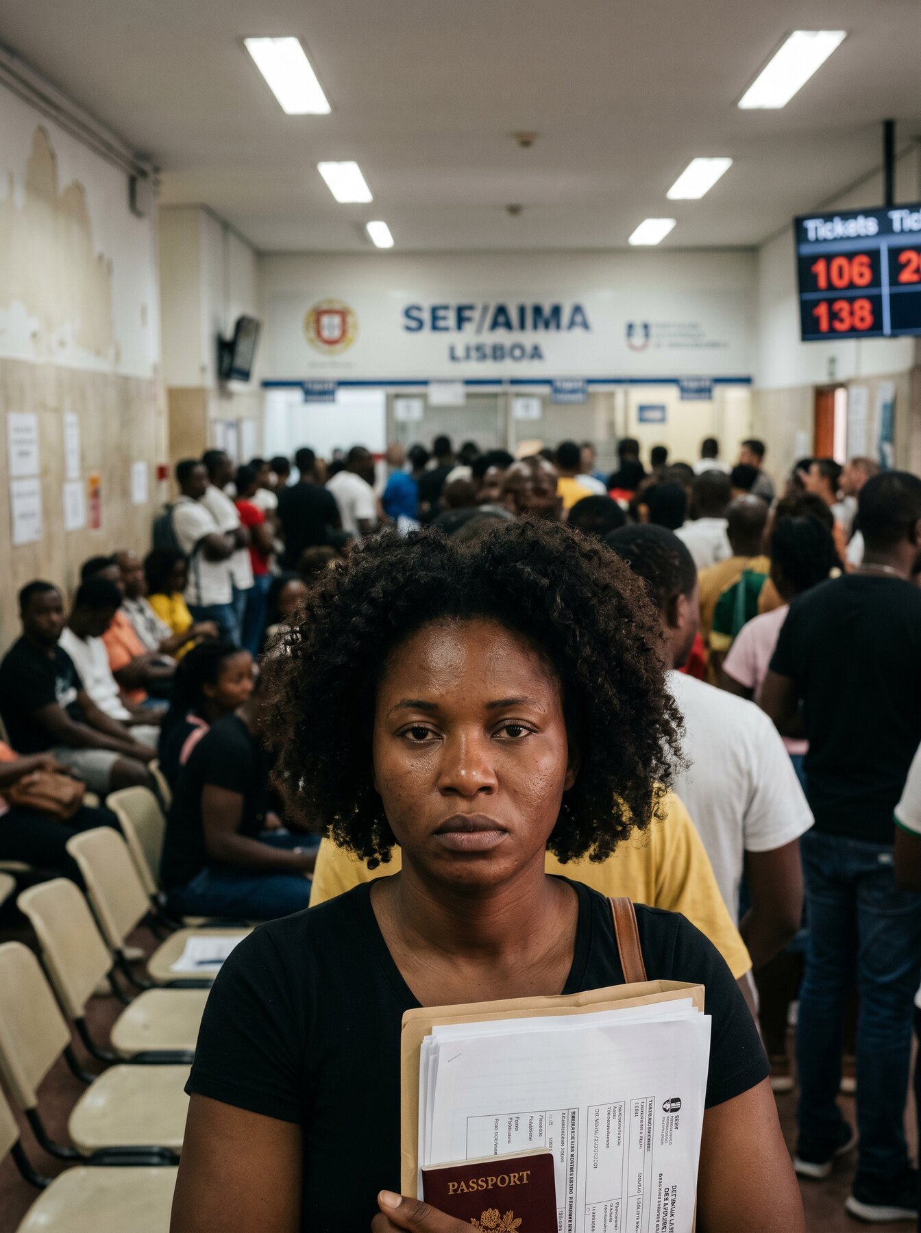 Imigrante exausta em fila no AIMA em Lisboa
