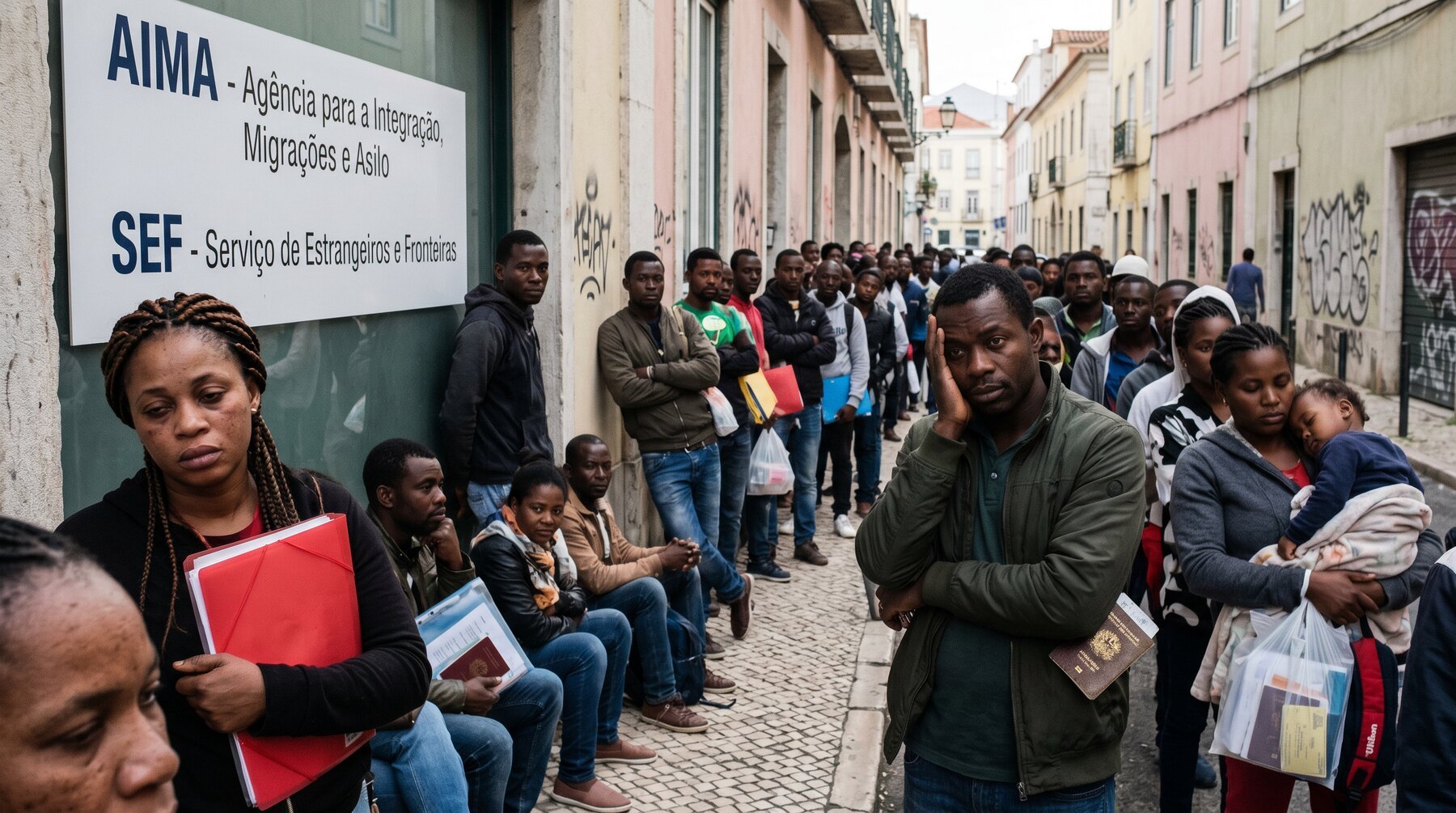Fila enorme de imigrantes brasileiros e africanos à porta da AIMA/AIMA em Lisboa