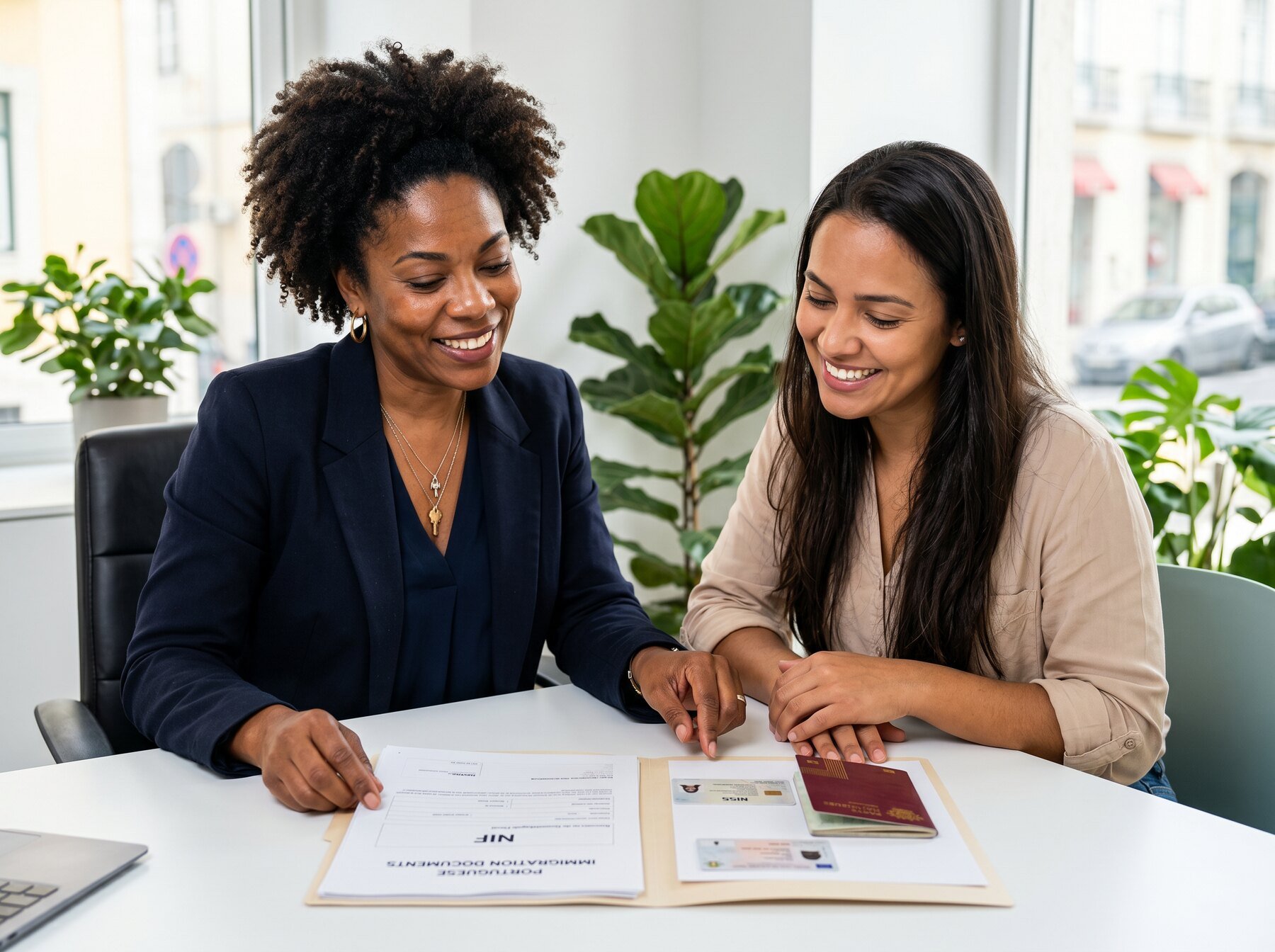 Consultora da Trajeto Visa a tratar da documentação com cliente brasileira